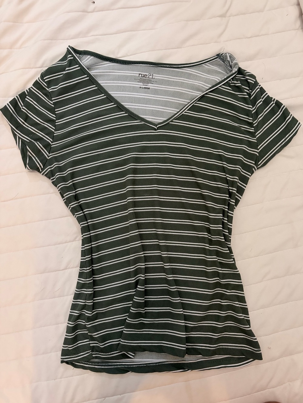 rue21 Olive Green and White Striped V-Neck Tee